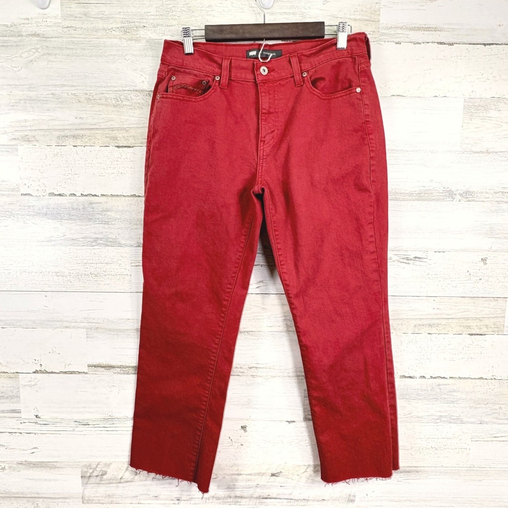 Levi's 505 Straight Leg Cropped Jeans Raw Hem Red Rust Denim Women's Size 10‎ M